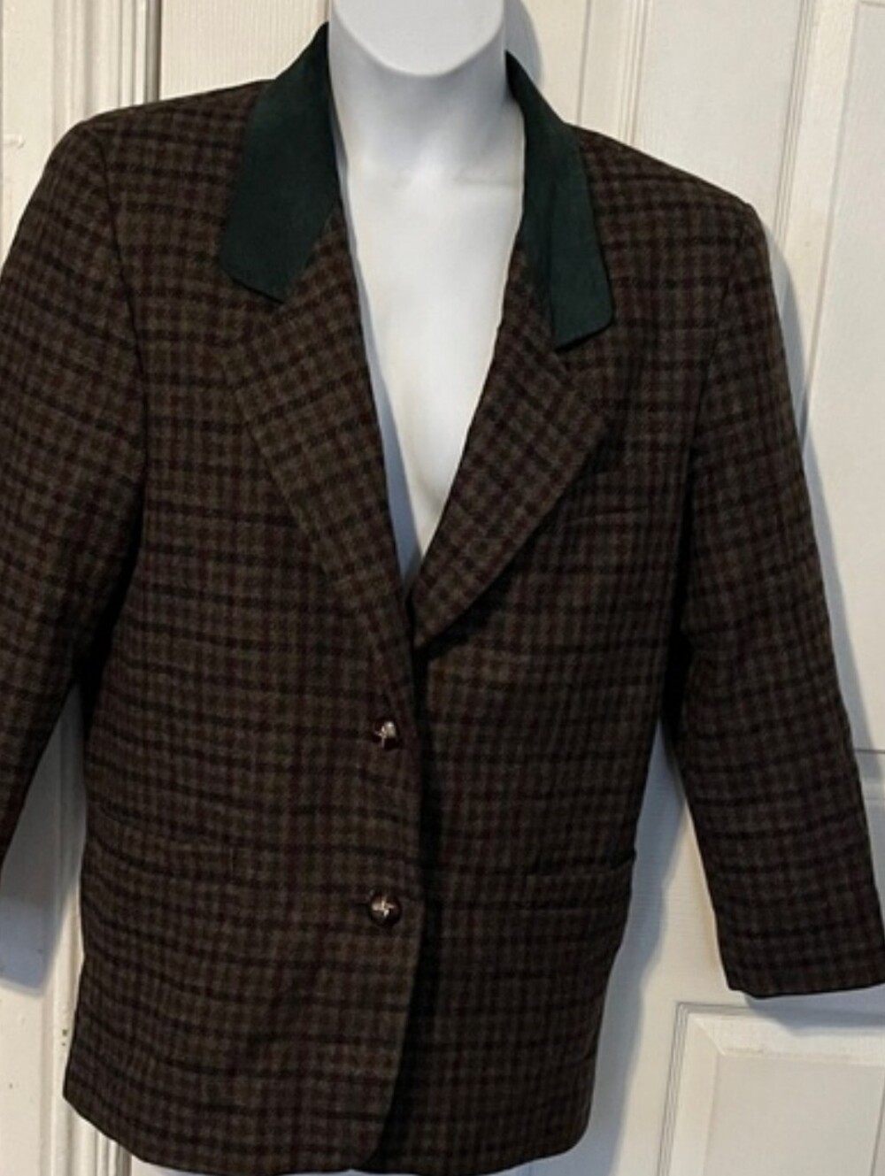 Vintage Maurice’s Plaid Wool Blazer with Suede Green Collar